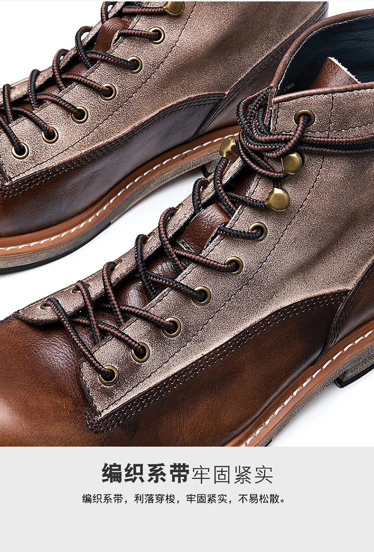 Retro Leather Men Motorcycle Boots High Top Motorbike Riding Boots Fashion Comfortable Ankle Boots Trekking Outdoor Shoes Brown