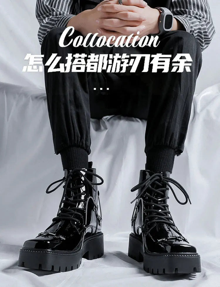 2025 Niche British Style Platform Derby Shoes Square Head Bright Leather Men's Business Casual Retro Boots