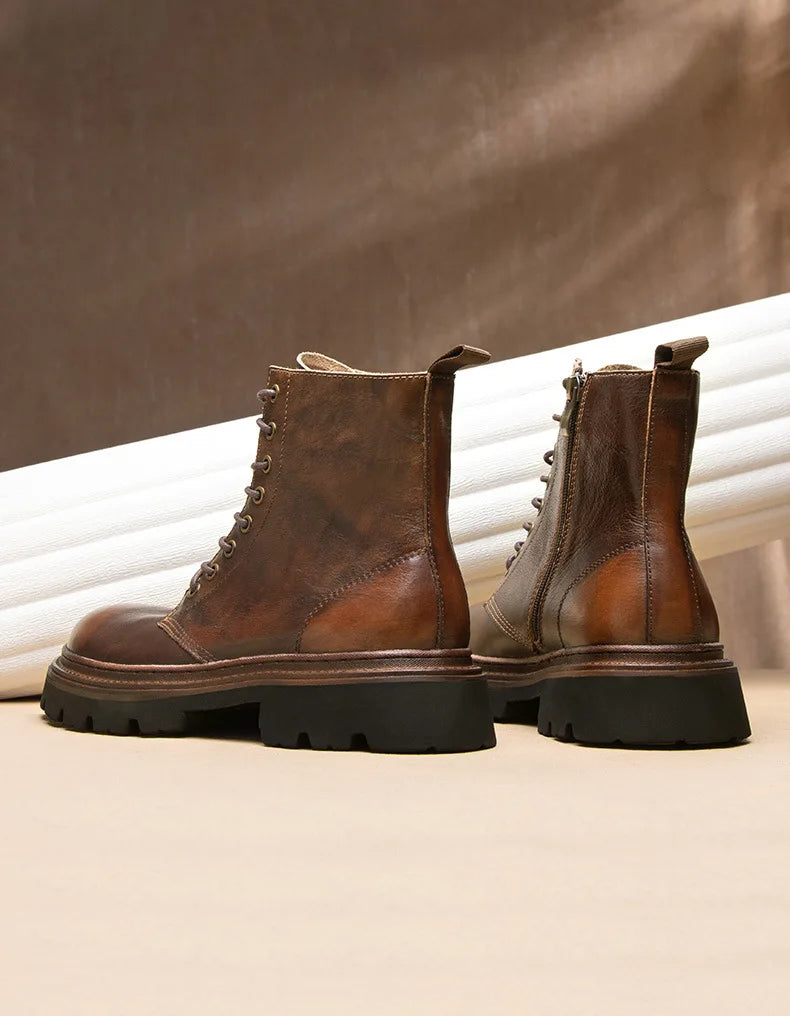 Motorcycle Boots Men Genuine Leather Retro Motorbike Ankle Boots Thick Soled Wear Resistant High Top Cowhide Shoes EU 38-44