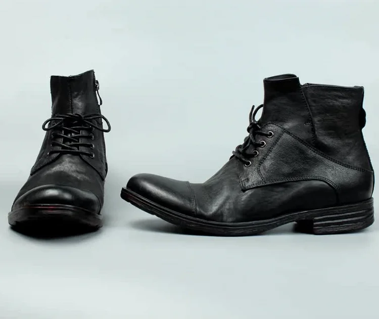 Vintage Mens Cowhide Genuine Leather Riding Ankle Boots Lace Up High Top Work Shoes Vintage Round Toe Autumn Moto Biker Boots