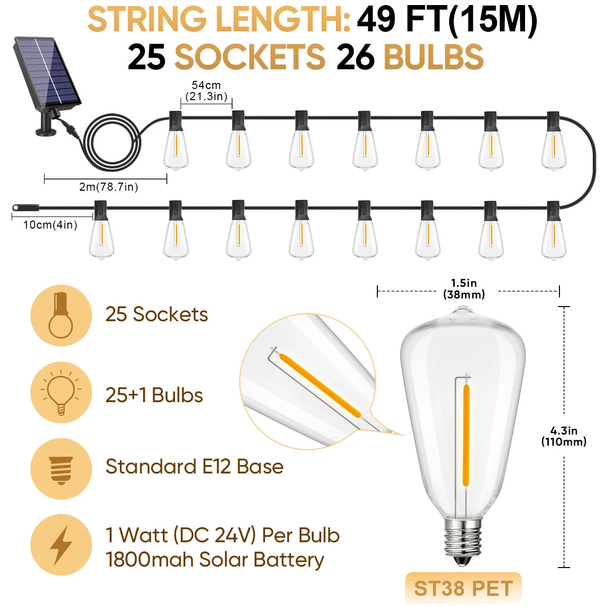 ST38 Solar String Light Outdoor Garland Led Waterproof  Shatterproof Solar String Lights for Outside Camping Yard Party Decor