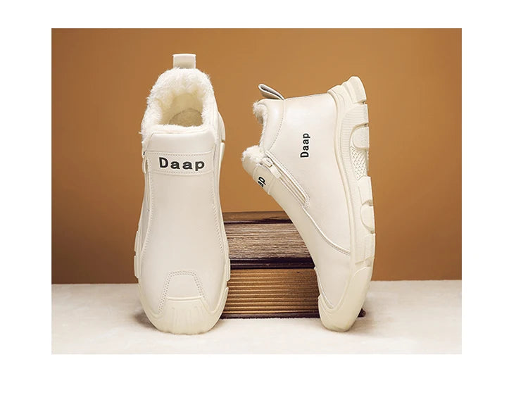 2025 High Top Men's Winter Shoes Comfortable Black Fluff Boots Men Warm Plush Leather Casual Sneakers Men Work Motorcycle Boots