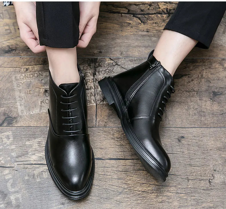 Italian Leather Men Zip Lace-Up Boots Casual Shoes Motorcycle Boots Black Winter High Quality Booties Botas Masculinas 38-46