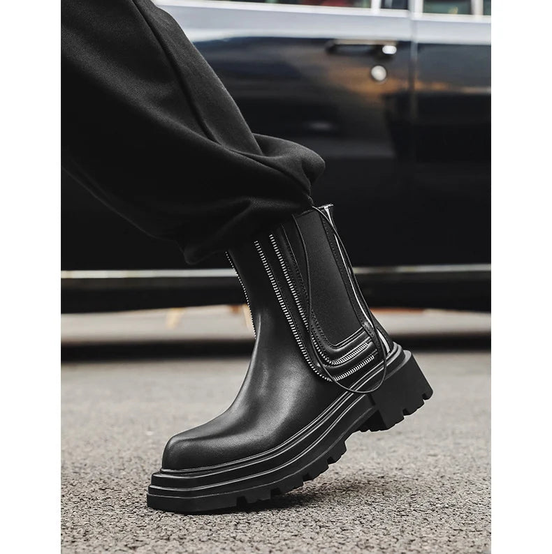 men's fashion punk rock high chelsea boots designer platform shoes cowboy original leather boot square toe long motorcycle botas