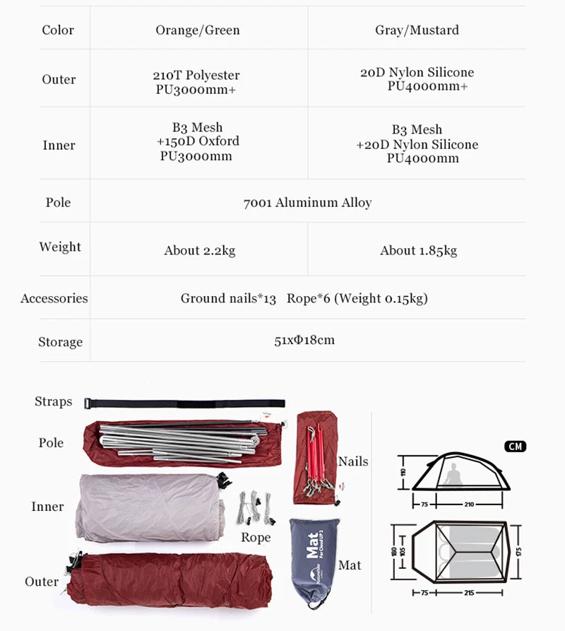 Naturehike Outdoor Upgrade Cloud Up 2 3 Person Tent 20D Nylon Silicone Double Layer Aluminum Pole Ultralight Camping Hiking Tent