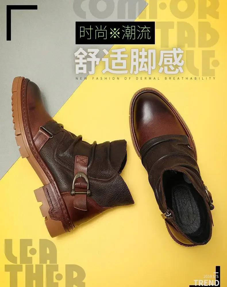 2025 Retro Men's Motorcycle Leather Boots British Style Round Head High Top Shoes Casual Platform Boots Moto Street Gear