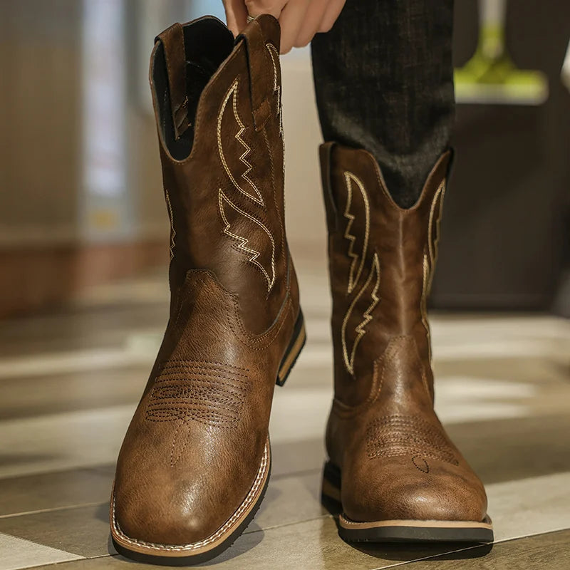 Western Style Cowboy Chelsea Boots Vintage Mid-calf Boots Pointed Toes Classical Shoes Genuine Leather Worker Winter Booties