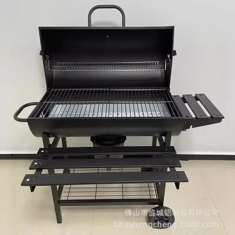 Charcoal Grill Barrel style BBQ Charcoal Grill with Three Item Racks Thermometer Double-Layer Chrome-Plated Iron Baking