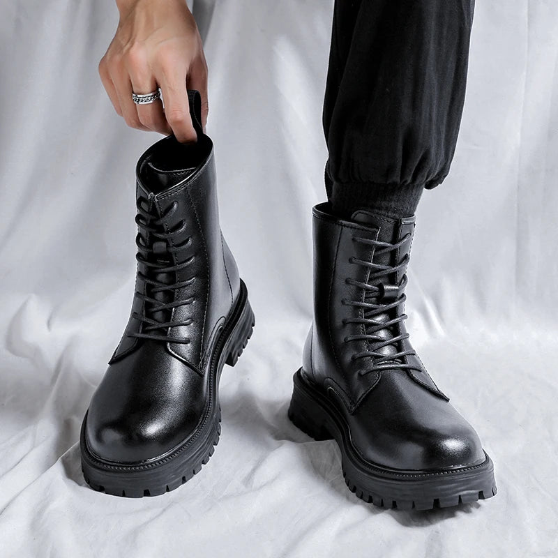 men fashion motorcycle boots black tide lace-up platform shoes cowboy genuine leather boot street cool high top botas masculinas