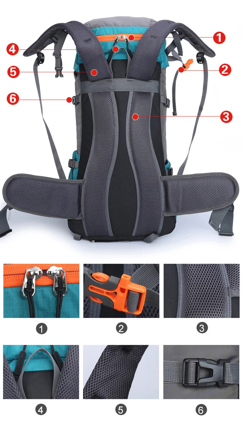 65L Climbing Backpack Large Capacity Outdoor Camping Sports Women Men Waterproof Travel Nature Hike Mountaineering Trekking Bag