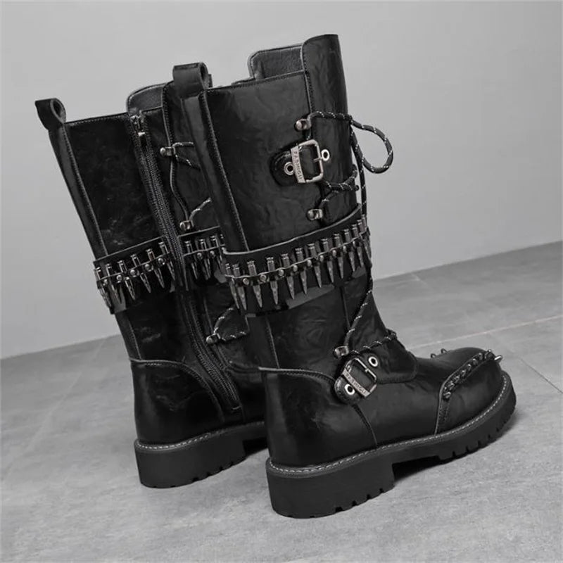 Round Toe Metal Decorations Belt Buckle men Boots Thick Sole Flats Black Zipper Fashion Punk Gothic  Equestrian Motocycle Boots