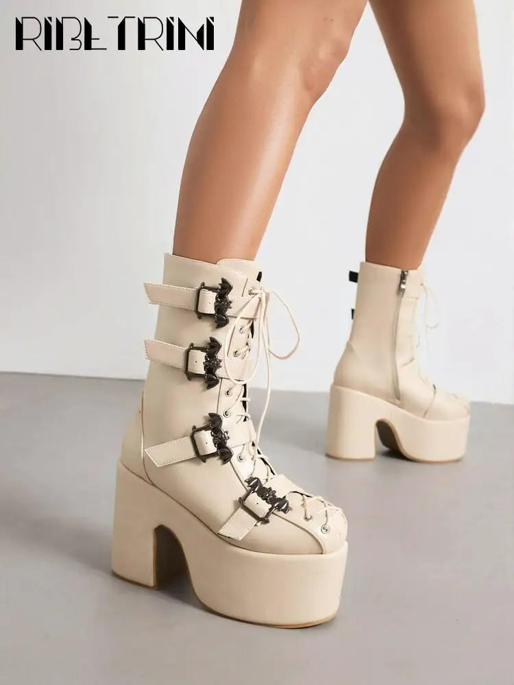 Punk Goth Women Motorcycle Boots Block High Heels Platform Shoes  Woman 2024 New Brand Luxury Fashion Design Cool Street Boots