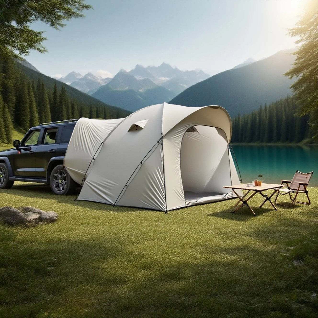 3-4 Person SUV Camping Tent PU4000 Waterproof with Mesh Bug Door, Cross-Ventilated Quick-Pitch Design, Built-In Floor