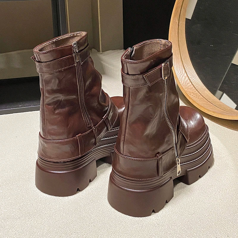 Women's Autumn Winter Leather Ankle Boots 10CM Heels Chunky Platform Combat Boots New Non Slip Motorcycle Shoes Woman Punk Boots