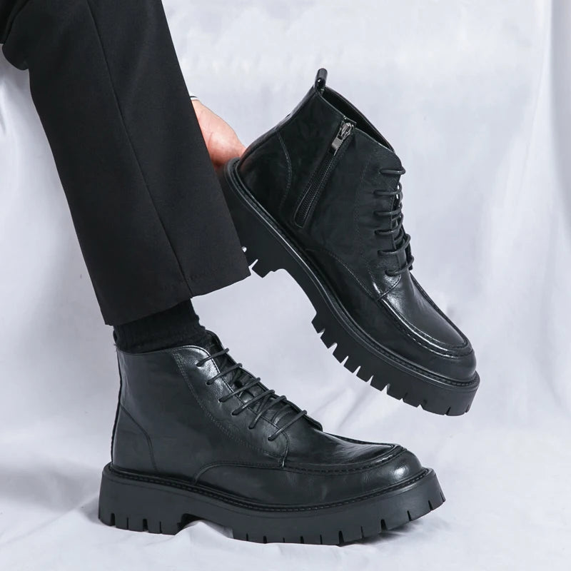 Fashion Men's Genuine Leather Casual Shoes Classic Outdoor Workwear Shoes Men's Motorcycle Boots Handsome Height Increasing