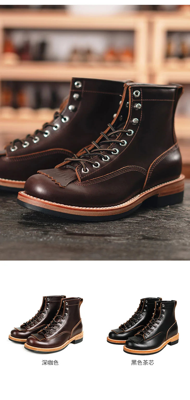 Men's Vintage Motorcycle Boots Cowhide Leather High Top Motorbike Boots Motocross Riding Boots Walking Shoes Thick Soled 38-44