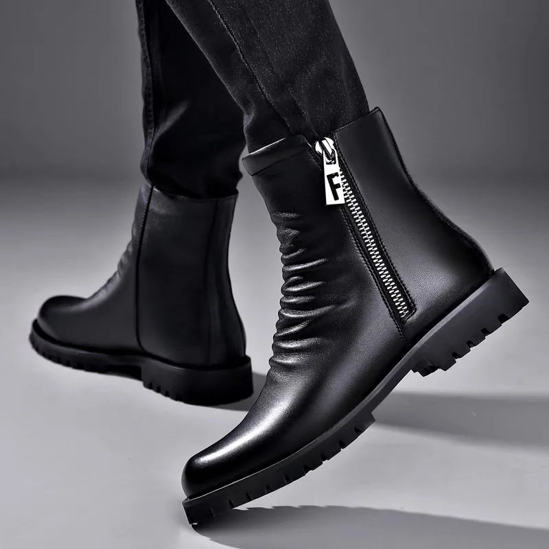 British style mens fashion autumn winter boots black stylish warm wool shoes cowboy genuine leather shoes high motorcycle botas