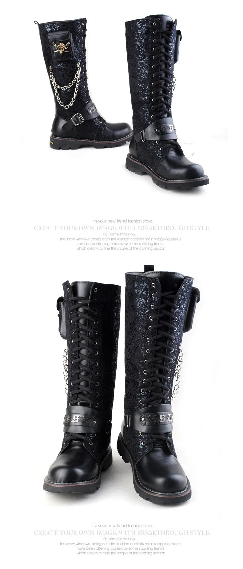 Men Motorcycle Boots  Knee High Boots Low Heels Knight Shoe man Vintage Boots male zapatos,Combat Boots Gothic Skull Punk Boots