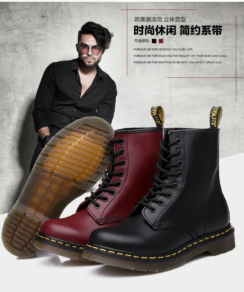Couple Boots Men Genuine Leather Men's Motorcycle Shoes Breathable Waterproof Anti-Slip Warm Cotton Women's Fashion Ankle Boots