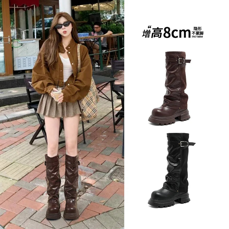 Fujin 8cm Knee High Boots Sexy for Women Platform Heel Motorcycle Booties Punk Genuine Leather Autumn Comfortable Chunky Shoes