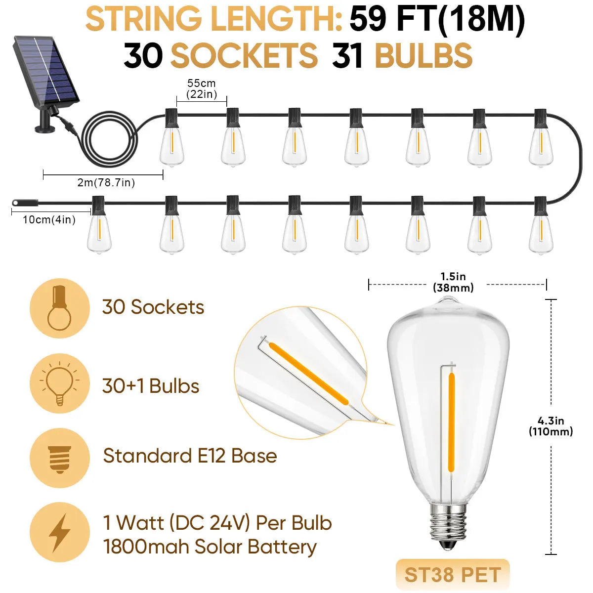 ST38 Solar String Light Outdoor Garland Led Waterproof  Shatterproof Solar String Lights for Outside Camping Yard Party Decor