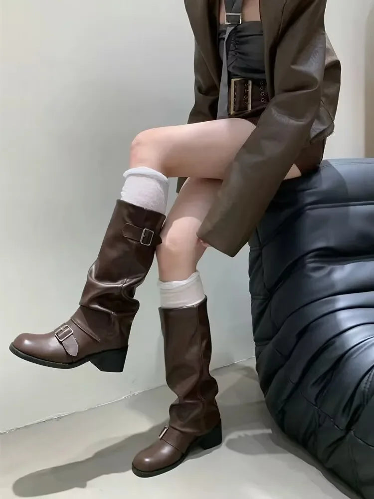 Woman Boots Knee High Platform Chunky Heels Trend Punk Gothic New Rock Leather Fashion Women's Shoes Motorcycle Footwear