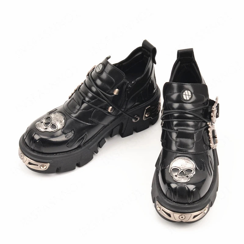 New Men's Gothic Skull Boots Black Women Shoes Designer Punk Metal Platform Walking Sneakers Skeleton Metal Buckles Ankle Boots