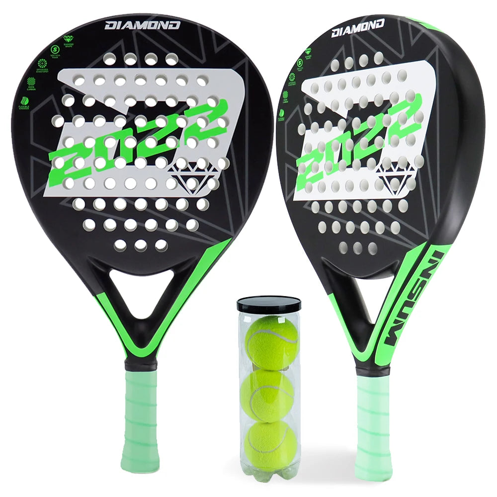 INSUM 2022 Padel Tennis Paddles Rackets Set of 2, lightweight Carbon Fiber Diamond Shape Comfort Grip with Padel Tennis Balls