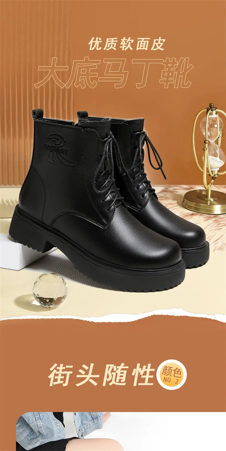 Women Winter Warm Velvet Ankle Boots Lace up Soft Leather Thick Bottom New Fashion Anti-slip Motorcycle Short Boots