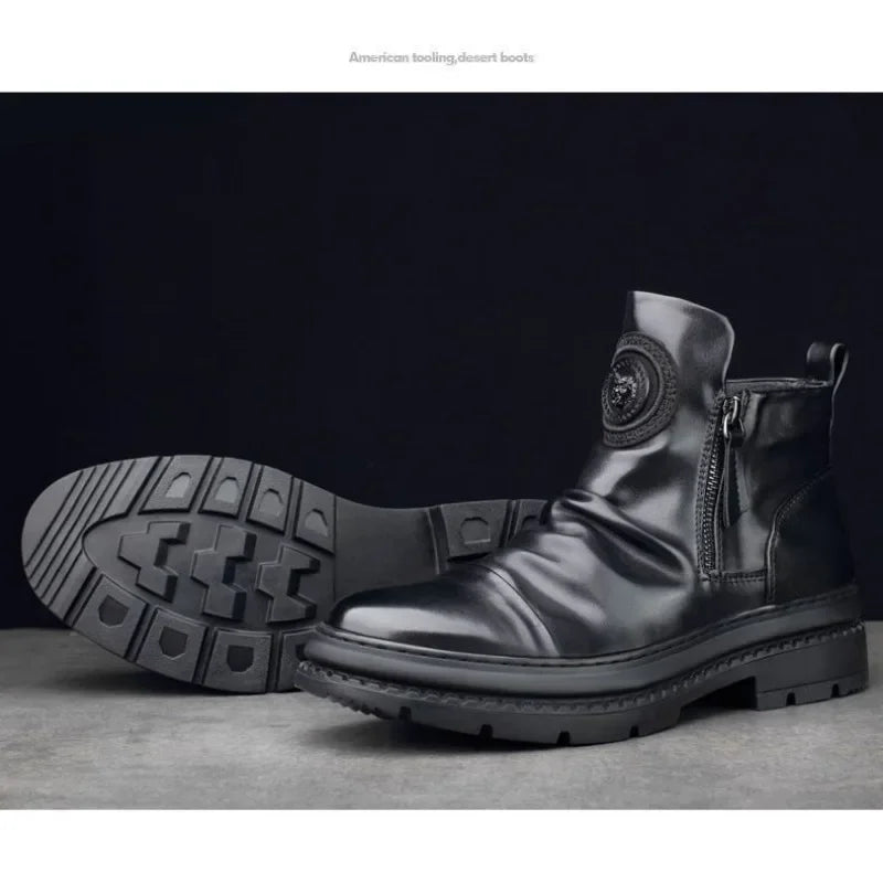 Men's Motorcycle Leather Boots British Style Round Head High Top Shoes Side Zip Walking Casual Platform Boots Bota Masculina