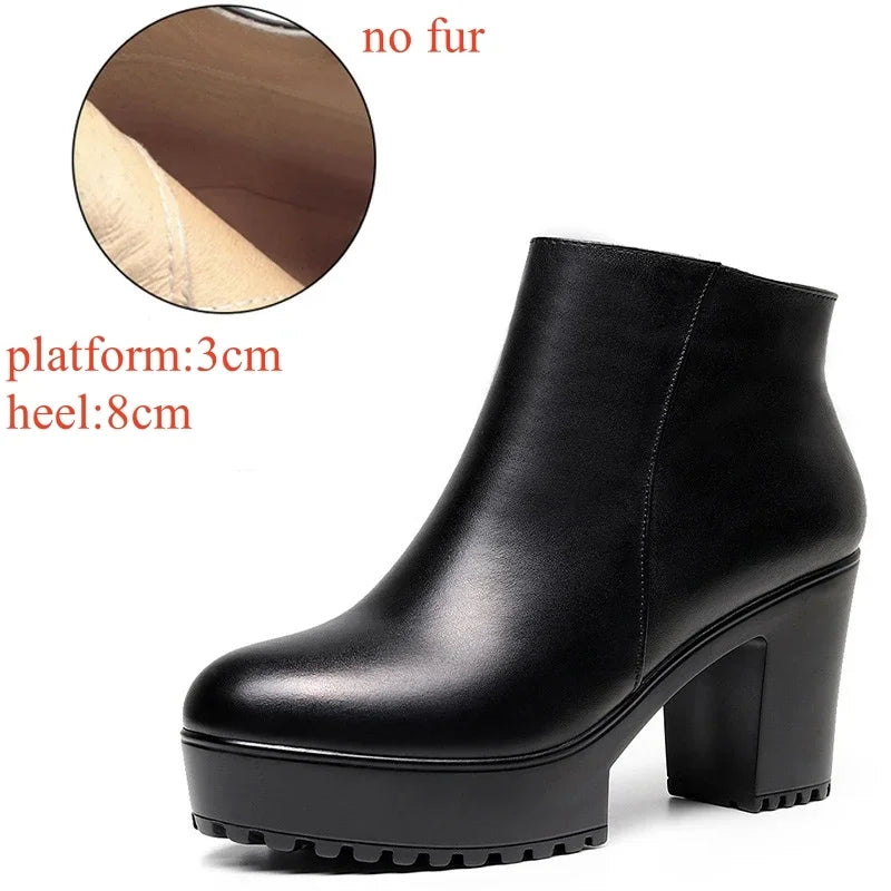 8cm 10cm Small Size 33-43 Thick Bottom Platform Shoes Ankle Boots with Fur 2024 Block High Heels Genuine Leather Boots Office