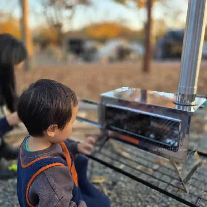 Outdoor tent camping, heat-resistant glass observation stove, portable foldable stainless steel winter heating wood stove