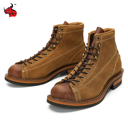 Retro Motorcycle Boots Men Cowhide Genuine Leather Durable Hight-Top Motorbike Boots High Quality Moto Rider Ankle Boots 35-44
