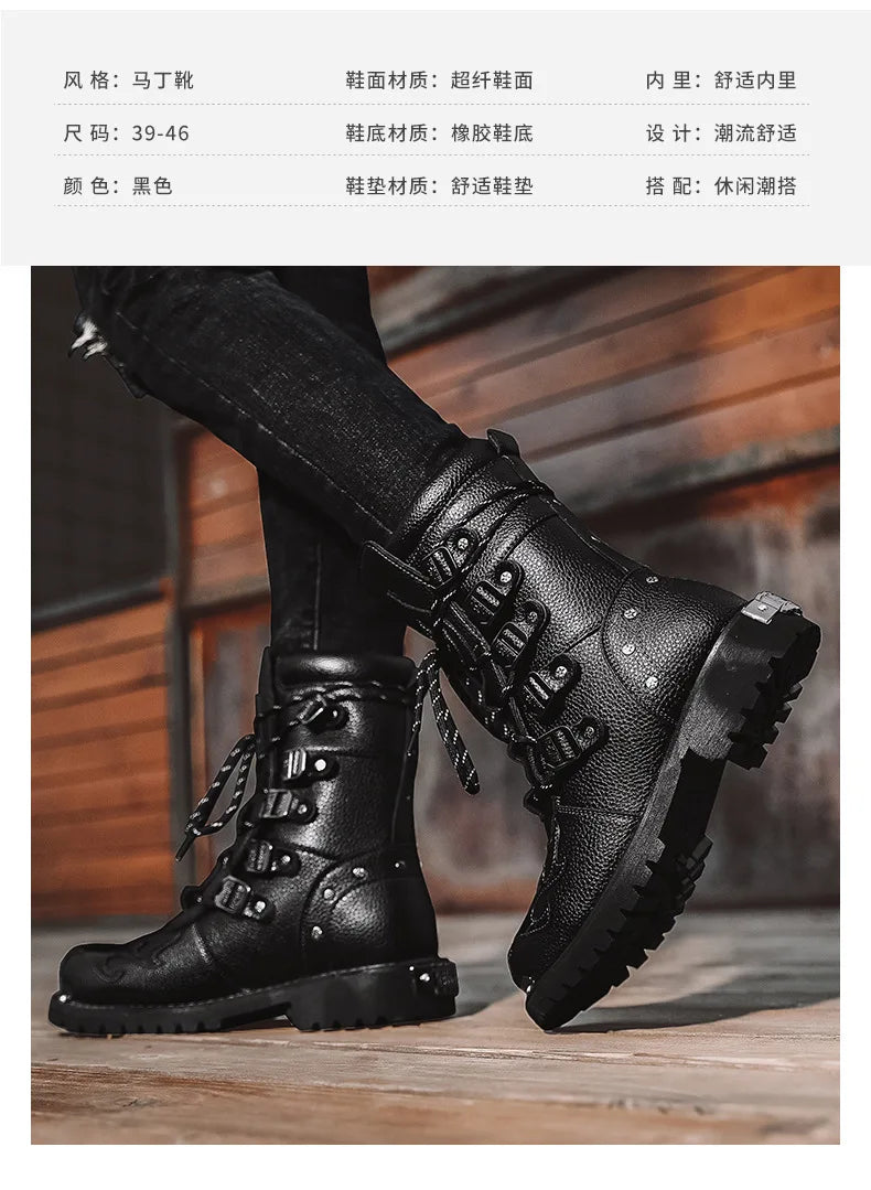 Men Motorcycle Boots Fashion Mid-Calf Punk Rock Punk PU Leather Black High Top Mens Casual Boot Steel Toe Shoes Big Size 38-46