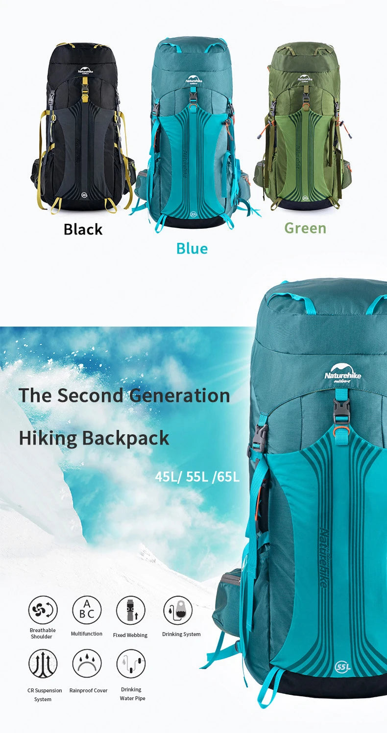 Naturehike Backpack Waterproof  Rucksack 45L 55L 65L Big Knapsack Backpacking Camping Climbing Hiking Travel Bag With Rain Cover
