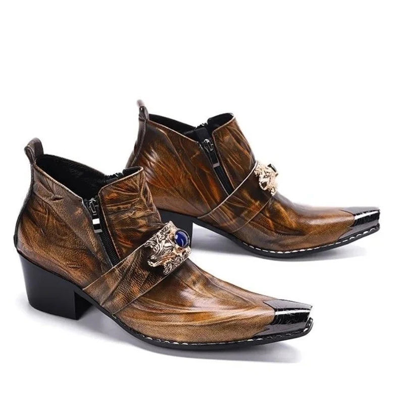 Western men's booties leather shoes pointy brown leather ankle boots men's zipper 6.5cm high heels motorcycle shoes