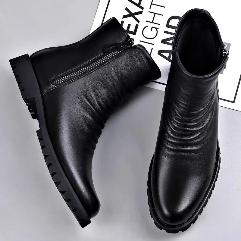 British style mens fashion autumn winter boots black stylish warm wool shoes cowboy genuine leather shoes high motorcycle botas