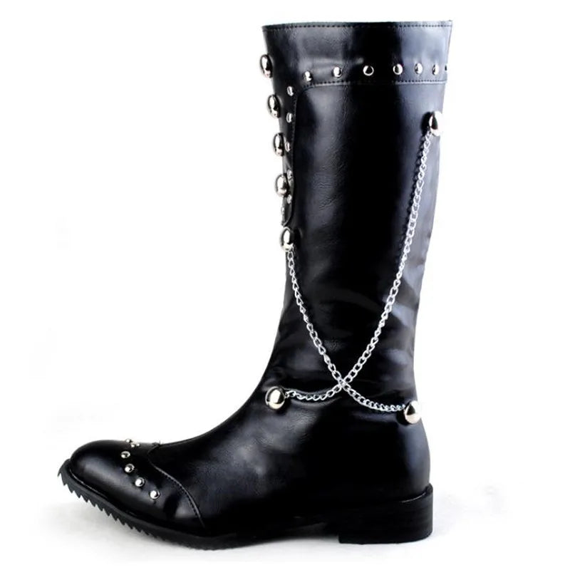 Men Motorcycle Leather Boots,Black Fashion Stage Boots Punk Over Knee High Boots Waterproof Snow Boots Equestrian Gothic Boots