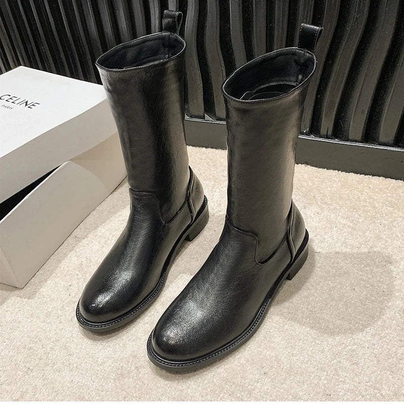 Autumn Winter Women Mid Calf Boots Female Round Toe Slip On Shoes Street Style Motorcycle Botas Mujer