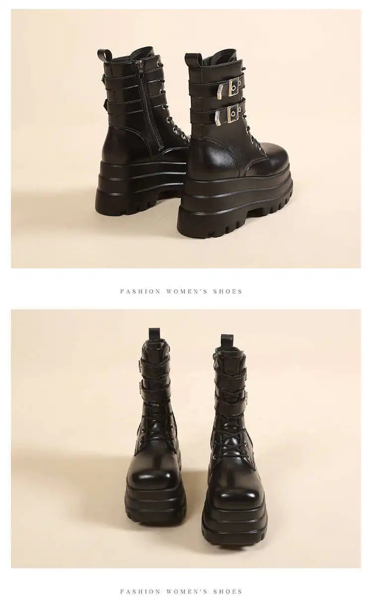 Women Boots British Belt Buckle 2025 Autumn New Height Increasing Thick Soled Short Boot Lace Up Zipper Fashion Motorcycle Boots