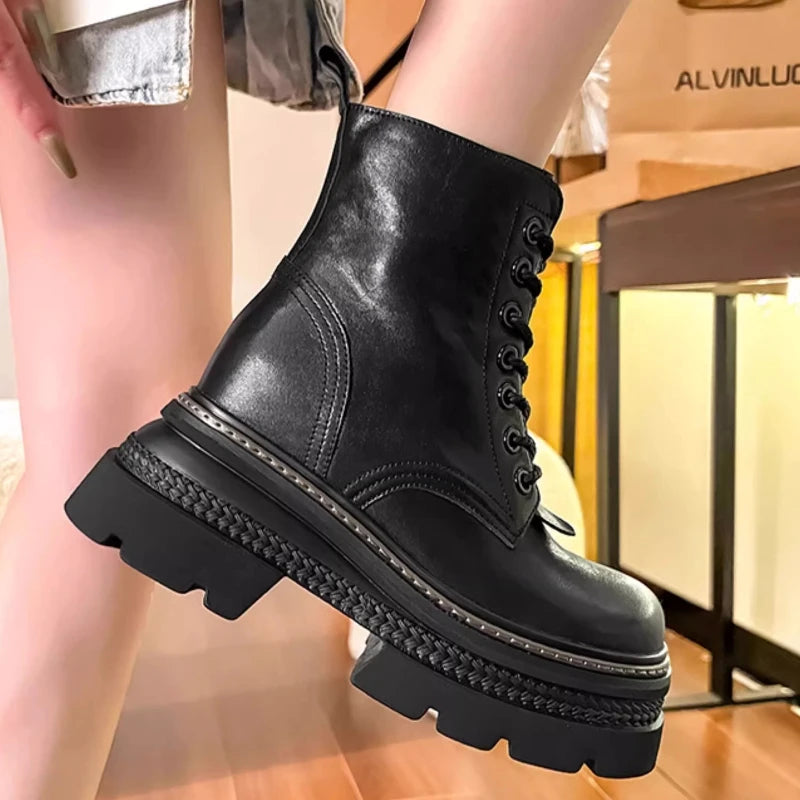 Genuine Leather Fashionable Comfortable 16cm Height Increasing Boots Shoes for Women's 14cm Thick Bottom Round Head Short Boots