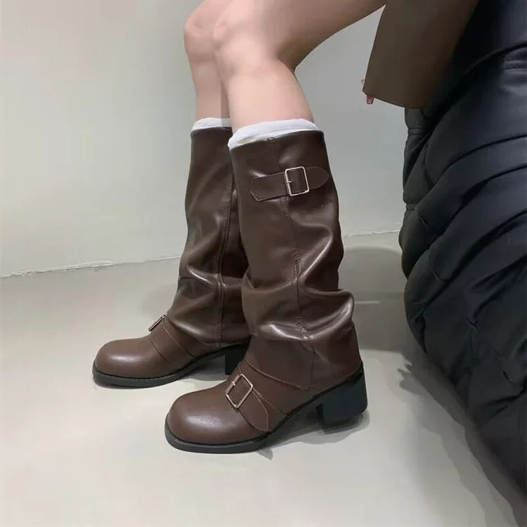 Rock Women Boots Punk Ladies Shoes Women Buckle Knight Boots Motorcycles Boots Woman Slip-On Thick Heel Riding Botas Mujer 2024