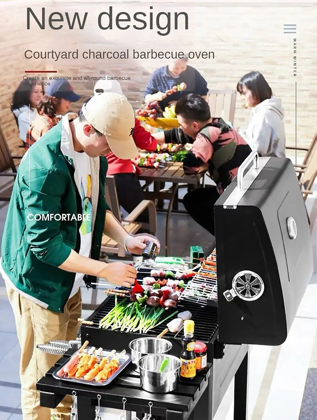 New Oil Drum Barrel Outdoor Charcoal Barbeque BBQ Grills Backyard Party Barbecue Smoker with Rotisserie Roast Chicken Rack