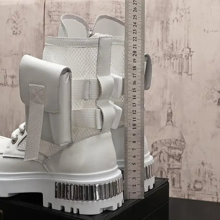 2025 New Men's Thin High-Top New Mid-Calf Motorcycle Height Increasing Insole Summer Ankle Boots Hollow out