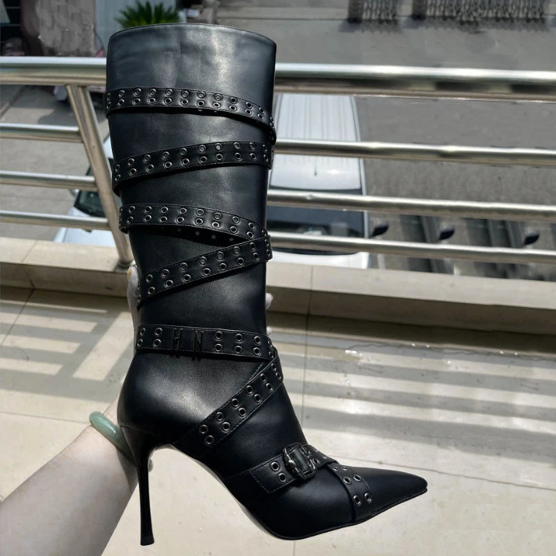 Brand Cross Strap Riveted Retro Silvery Knee High Boots New Spicy Girl Pointed High Heel Motorcycle Boots Fashion Women Shoes