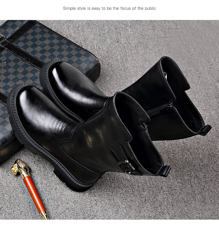 Tall Boots for Men Made of Leather with Increased Height and Soft Sole Western Cowboy Plush Insulation Knight Ankle Riding