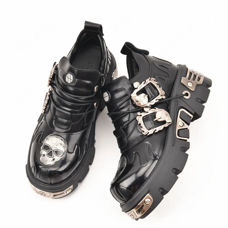 New Men's Gothic Skull Boots Black Women Shoes Designer Punk Metal Platform Walking Sneakers Skeleton Metal Buckles Ankle Boots