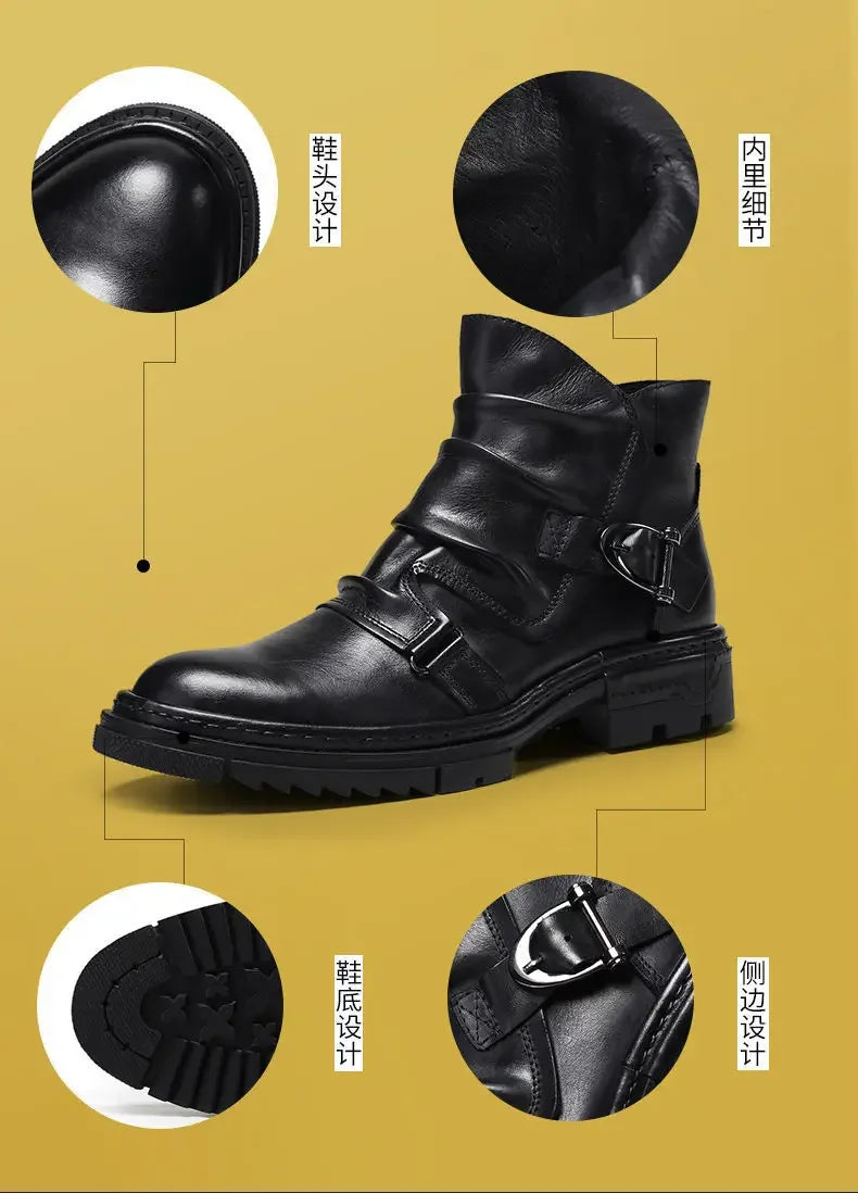 2025 Retro Men's Motorcycle Leather Boots British Style Round Head High Top Shoes Casual Platform Boots Moto Street Gear