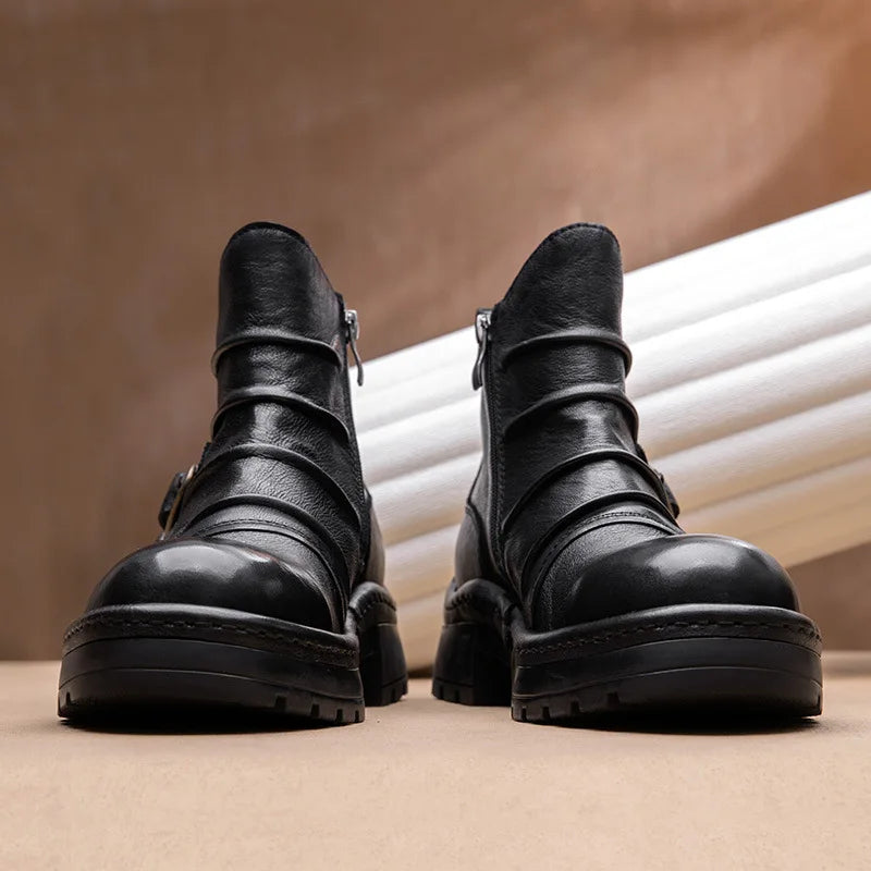 Brown Leather Motorcycle Boots Mens Round Head High Top Motorbike Boots Quality Moto Riding Shoes Thick Soled Summer Winter