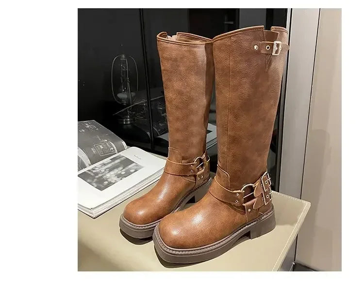 WOMEN'S platform knee-high Knight casual long boots chunky vintage fashion buckle luxury designer Western cowboy woman shoes